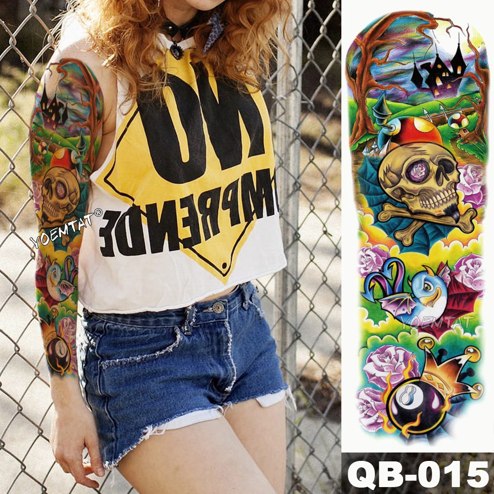 

New 1 Piece Temporary Tattoo Sticker Billiard eight brid skull Tattoo with Arm Body Art Big Sleeve Large Fake Tattoo Sticker