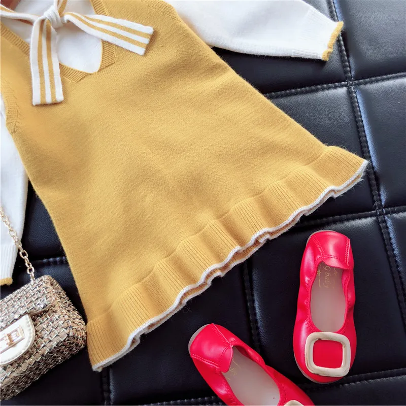 Весенне-осенний Детский свитер+ вязаное платье комплект из 2 предметов для девочек, детский вязаный костюм детская одежда полосатый бант, шнуровка, с рюшами, от 1 до 7 лет