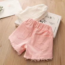 Лидер продаж года, модные летние джинсовые шорты белого и розового цвета для девочек-подростков 3, 4, 6, 8, 10, 12 лет