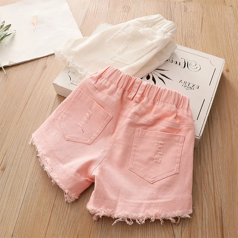 

2019 Hot Summer Fashion 3 4 6 8 10 12 Years Teenager Children Hole Tassel Pocket Solid White Pink Kids Baby Girls Denim Shorts