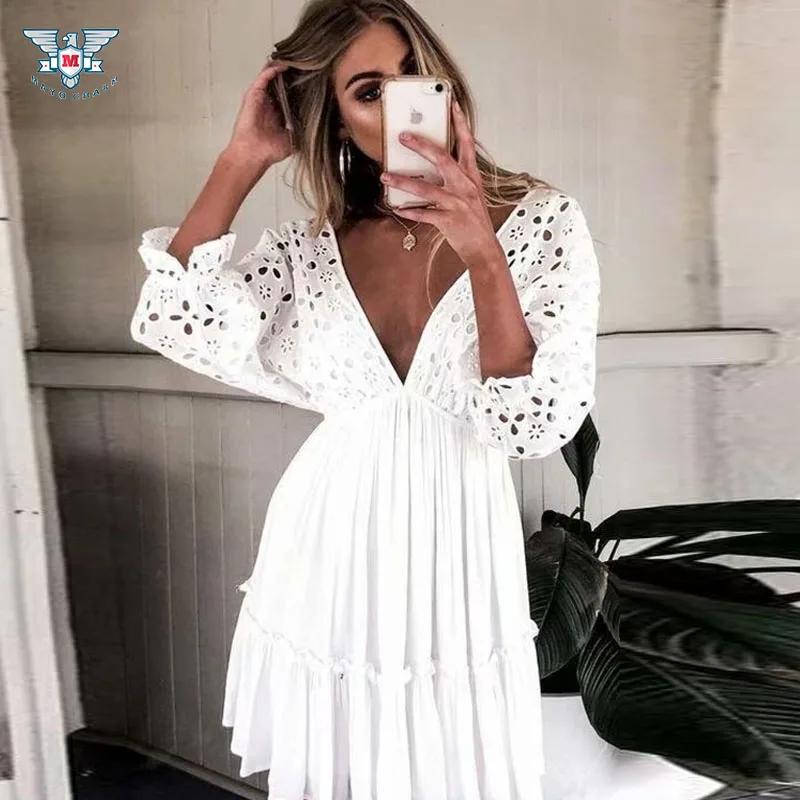 

Women Tunic Dress Beach Summer Sundress Vestidos Deep V White Jurken Dresses Robe Femme Sexy Beach Party Dress Pareo Vestido