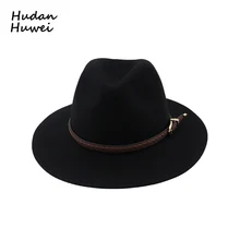 Шерстяной джазовый шляпы Fedora с кожаной лентой Европейский Американский модный плоский полями Панама простой черный формальный топ шляпа GH-307