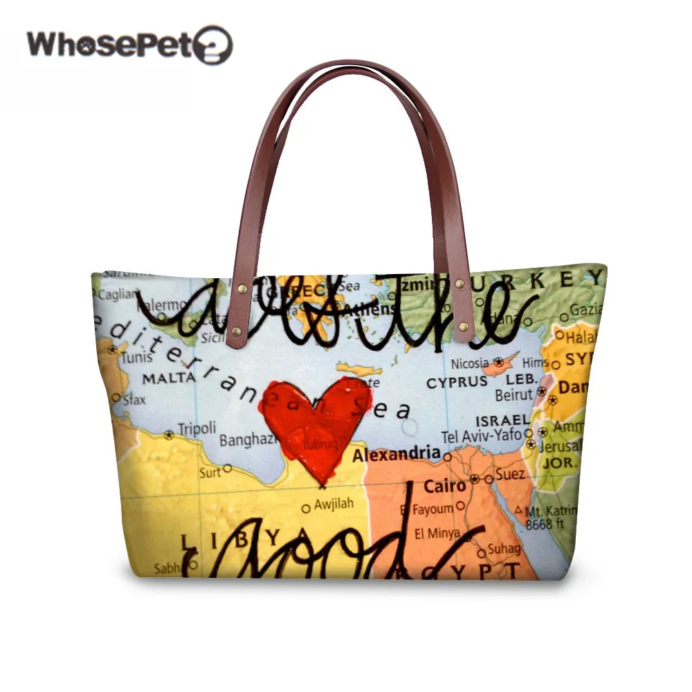 

WHOSEPET Map Women Shoulder Bags Fashion Hand Bag For Female 2017 Travel Large Beach Totes Girls Vintage Handbags Sac femme