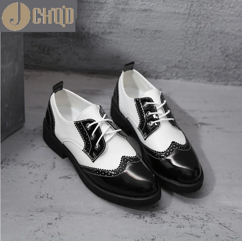 

JCHQD 2018 new women oxfords shoes flats shoes women PU leather lace up flat heel rubber boat shoes round toe moccasins