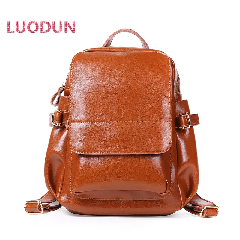 

LUODUN spring and summer fashion leather bag oil wax leather shoulder bag doubles travel bag school backpack style bag