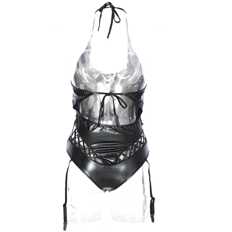 Черное сексуальное нижнее белье виниловое Teddy Halter новинка Экзотическая одежда