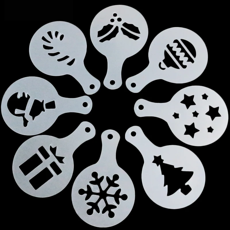 

8pcs/set Christmas Theme Coffee Template Plastic Coffee Foam Spray Mold Milk Cappuccino Cookie Art Tools Barista Accessories #06