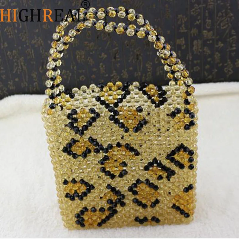

HIGHREAL New Fashion Female Handmade Leopard Pearl Beaded Bag Acrylic Transparent Handbag wholesale drop shipping