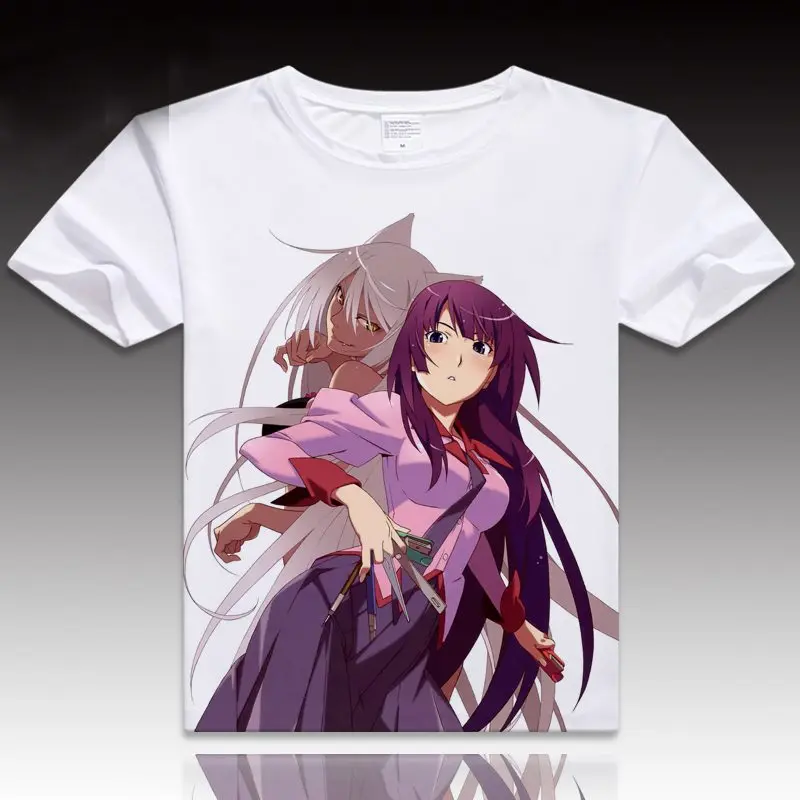 Bakemonogatari Monogatari серия футболки Аниме senjougaхара Hitagi печатные с коротким рукавом