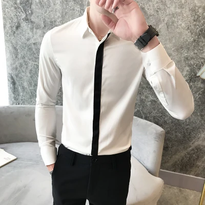 Высококачественная Мужская рубашка, фирменная Новинка, приталенная, повседневная, с лентой, в стиле пэчворк, смокинг, нежная Мужская официальная одежда, деловые рубашки, мужская одежда - Цвет: Белый
