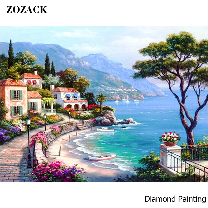 

diamond painting Cross Stitch full square scenic Diamond mosaic diamond embroidery beads Beautiful Seaside Town Trees Home Decor