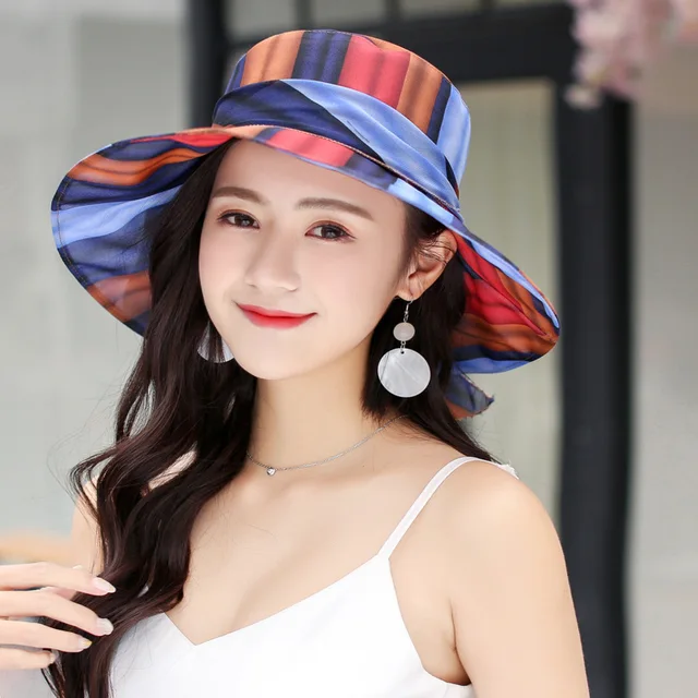Silk Sun Hat Women Female Large Brimmed Summer Sun Hat Rainbow Striped Cap Outdoor Sunscreen