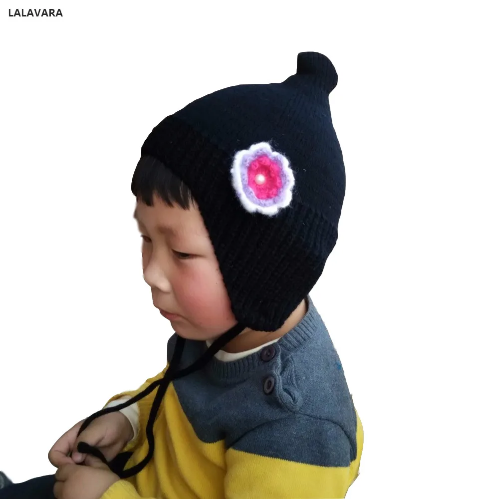 

LALAVARA wholesale black knit flower hats 6-24M boys and girls winter warm hats