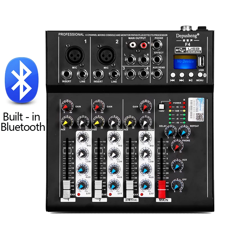 Depusheng F4 + USB interface 4 channels (2 Mono+2 stereo) sound console Equipment with LED Display professional Audio DJ Mixer |