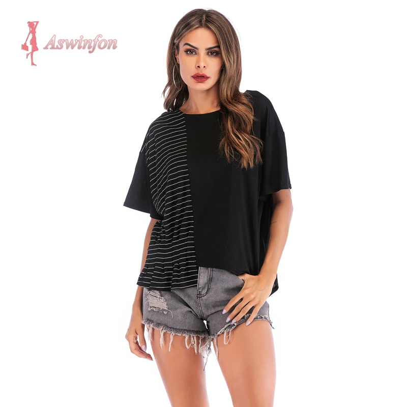 

Aswinfon Women's Batwing Sleeve T-shirt Stitching Contrast Color Striped Summer Loose Irregular Top Tee Shirt