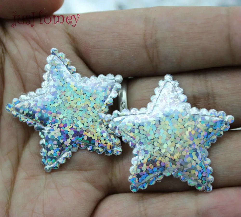 

200pcs/lot glitter Silver Star Iridescent Pentagram Patch Padded Felt patches wall decor appliques Toy Embellishment 3.5