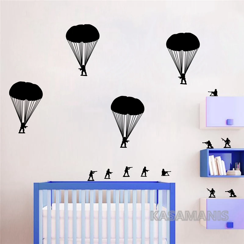 Army Men Bucket Of Soldiers Paratroopers Wall Art Decals Funny Kids Boy