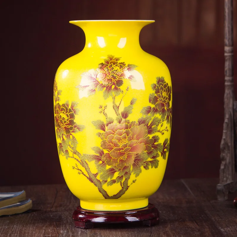 Китайский стиль ваза Цзиндэчжэнь желтая Хрустальная глазурь ваза для цветов домашний Декор ручной работы блестящие Семейные вазы для роз
