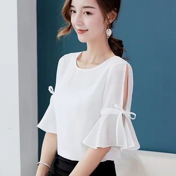 

2019 Korean Casual Women Chiffon Shirt Summer Ruffles Short Sleeve Blouse Slim Women Office Shirt Streetwear Fashion Ladies Tops