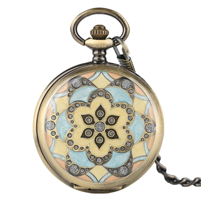 Elegant Marble Lines Epoxy Flower Mechanical Pocket Watch Pendant Chain Graceful Ladies Women Deco Clock Best Girl Birthday Gift (1)