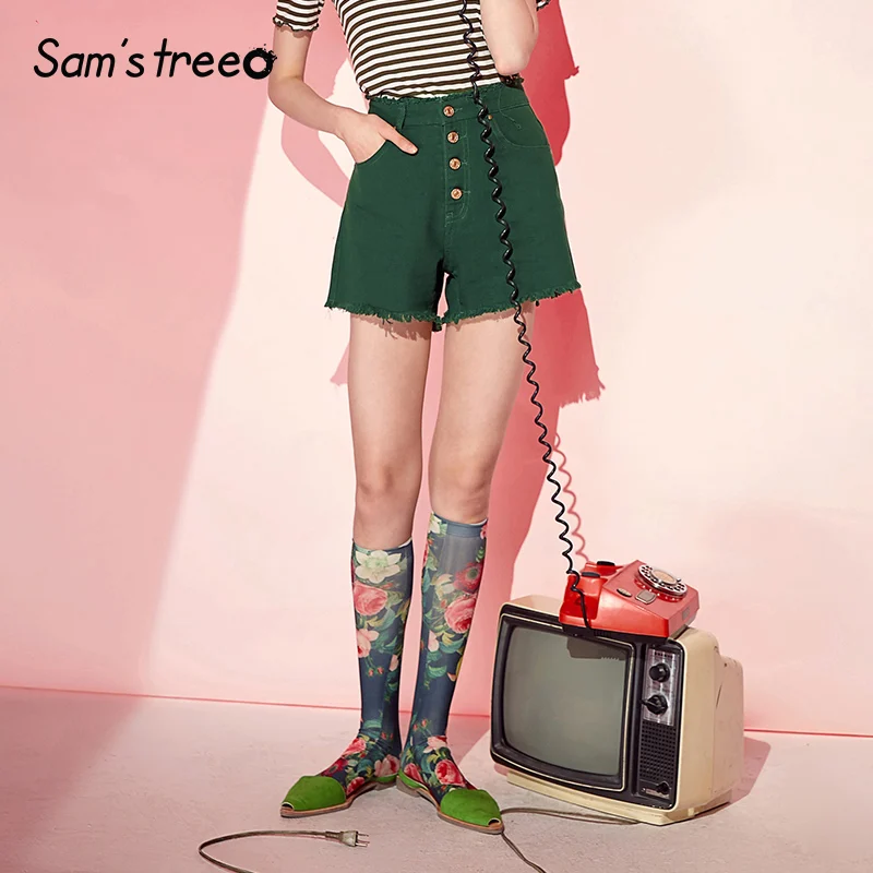 

Samstree Green Frayed Denim Shorts Casual Women Fashion 2019 Summer Hot Short Jeans Mid Waist Cotton Bottoms