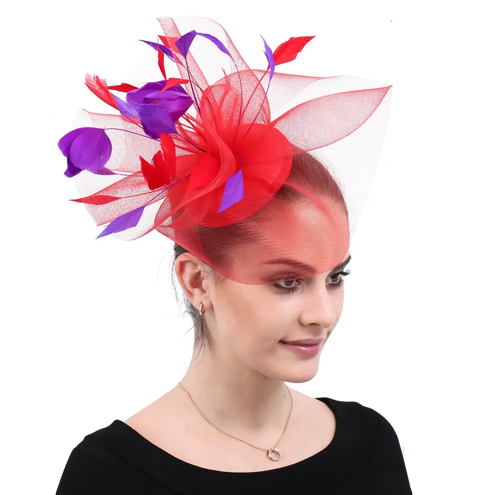 

Elegant Women Lady Tulle Fashion Fascinator Hair Clips With Purple Feather Headwear Hair Accessories Nice Mesh Wedding Headdress