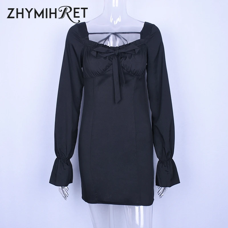 Женское платье с длинным Расклешенным рукавом ZHYMIHRET Черное Осеннее галстуком