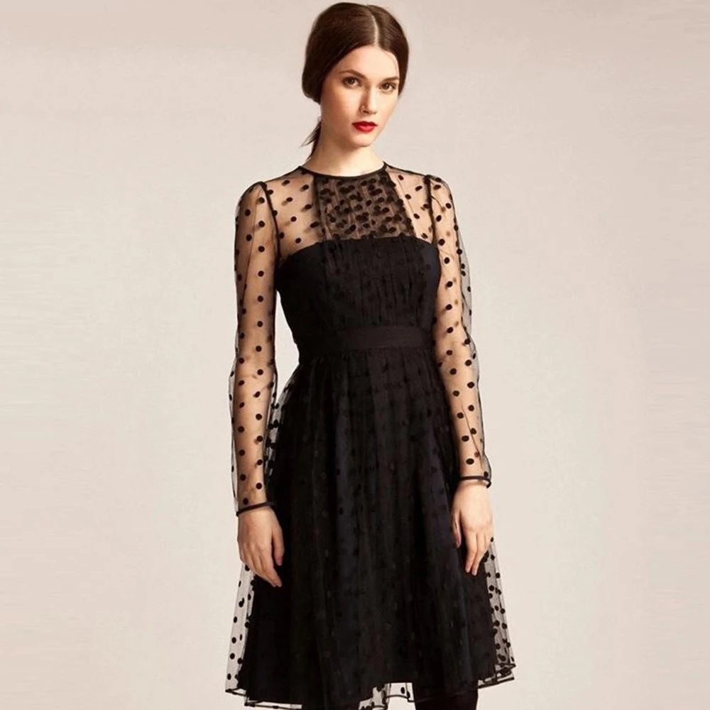 

Elegant Gauze Patchwork Polka Dot Party Dresses Women Summer Style Black Sheer Mesh Long Sleeve A-line Dresses Vestido Feminino