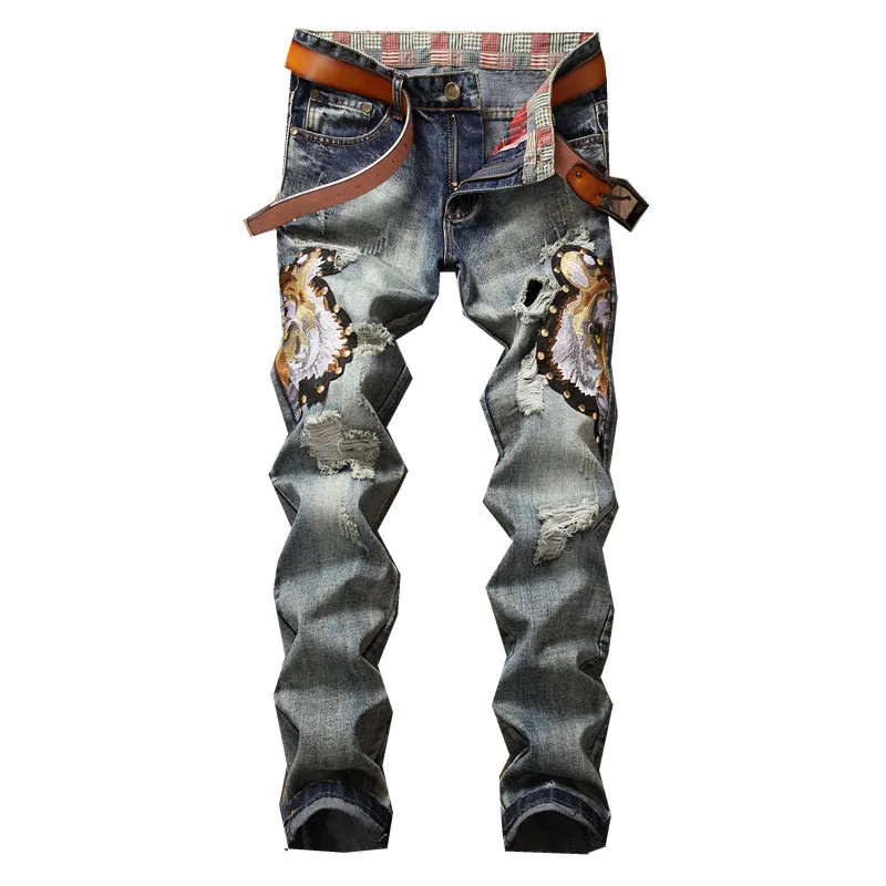 New Patchwork Ripped Patches Men Jeans Slim Fit Eagle Embroidered Denim