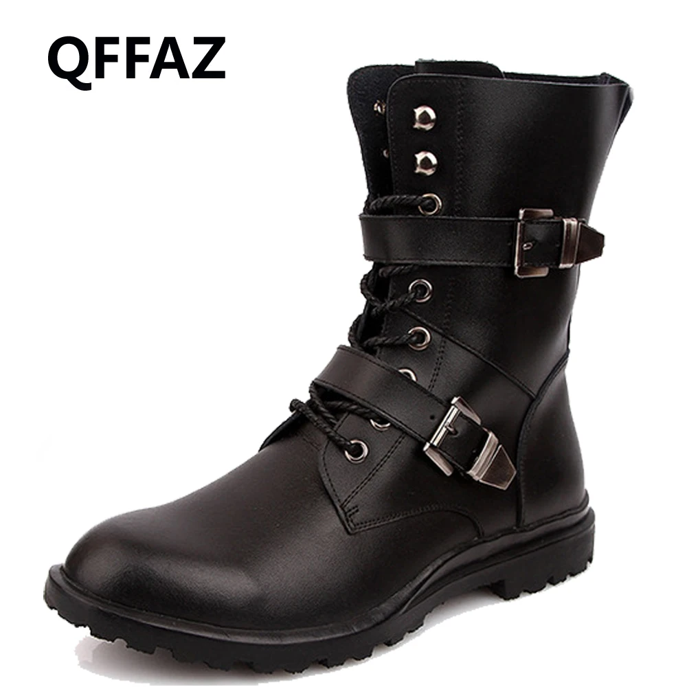 QFFAZ Army Boots Men High Military Combat Boots Metal Buckle Punk Mid