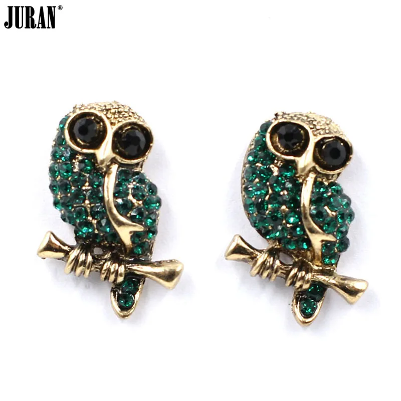 JURAN Fashion Vintage Gold Cute Owl Earrings Stud For Women Crystal