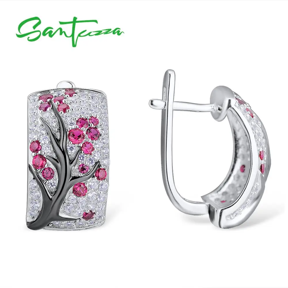 SANTUZZA, Серебряный набор украшений для женщин, блестящие розовые серьги в виде дерева, набор колец, 925 пробы, серебряные сережки, модные ювелирные изделия