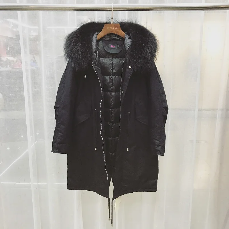Le Vers Grand Parka D'hiver La Canard Noir Laveur Chaud Plus Capuchon Fourrure Bas Femmes Femelle Naturel 2018 Long Veste Blanc Taille Raton À gris Réel De Manteau ZBZOrg