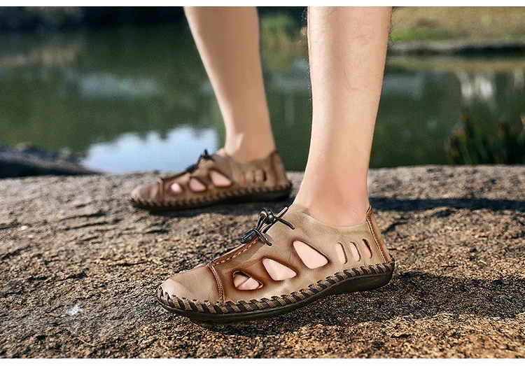 New Summer Sandals Men Breathable High Quality Genuine Leather Sandals Man Flats Fashion Casual Beach Mens Shoes Plus Size 38-48