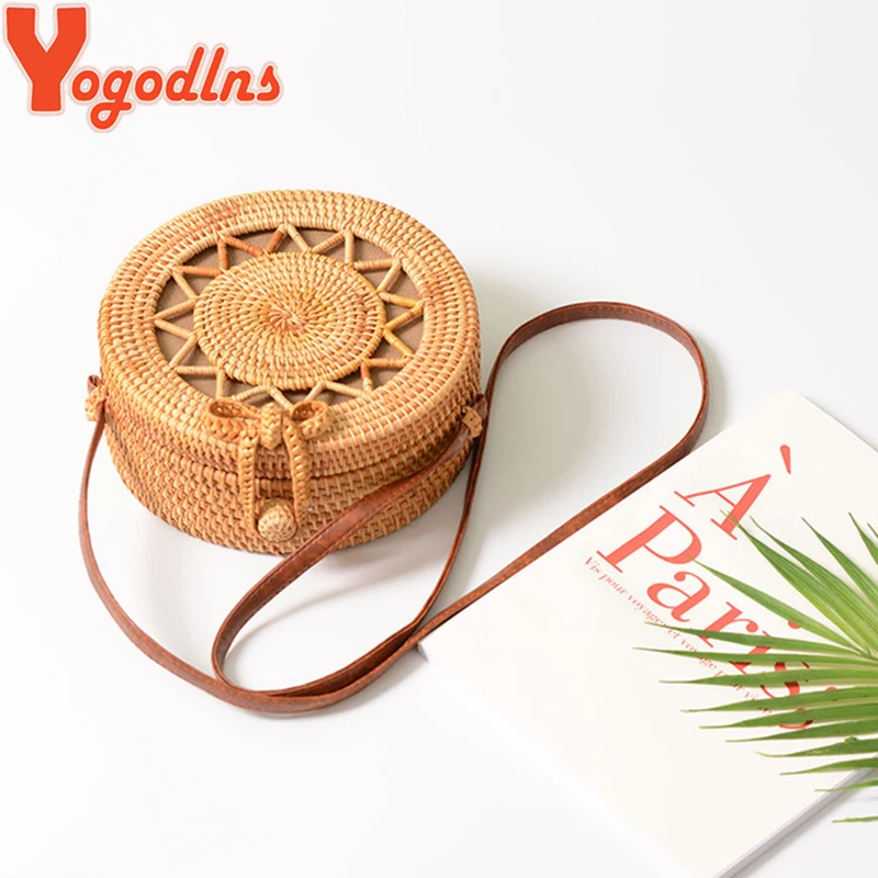 

Yogodlns Summer Bali Hand Woven Women Rattan Bag Round Shoulder Crossbody Bags Beach Straw Bag Bohemian Knitting Travel Handbags