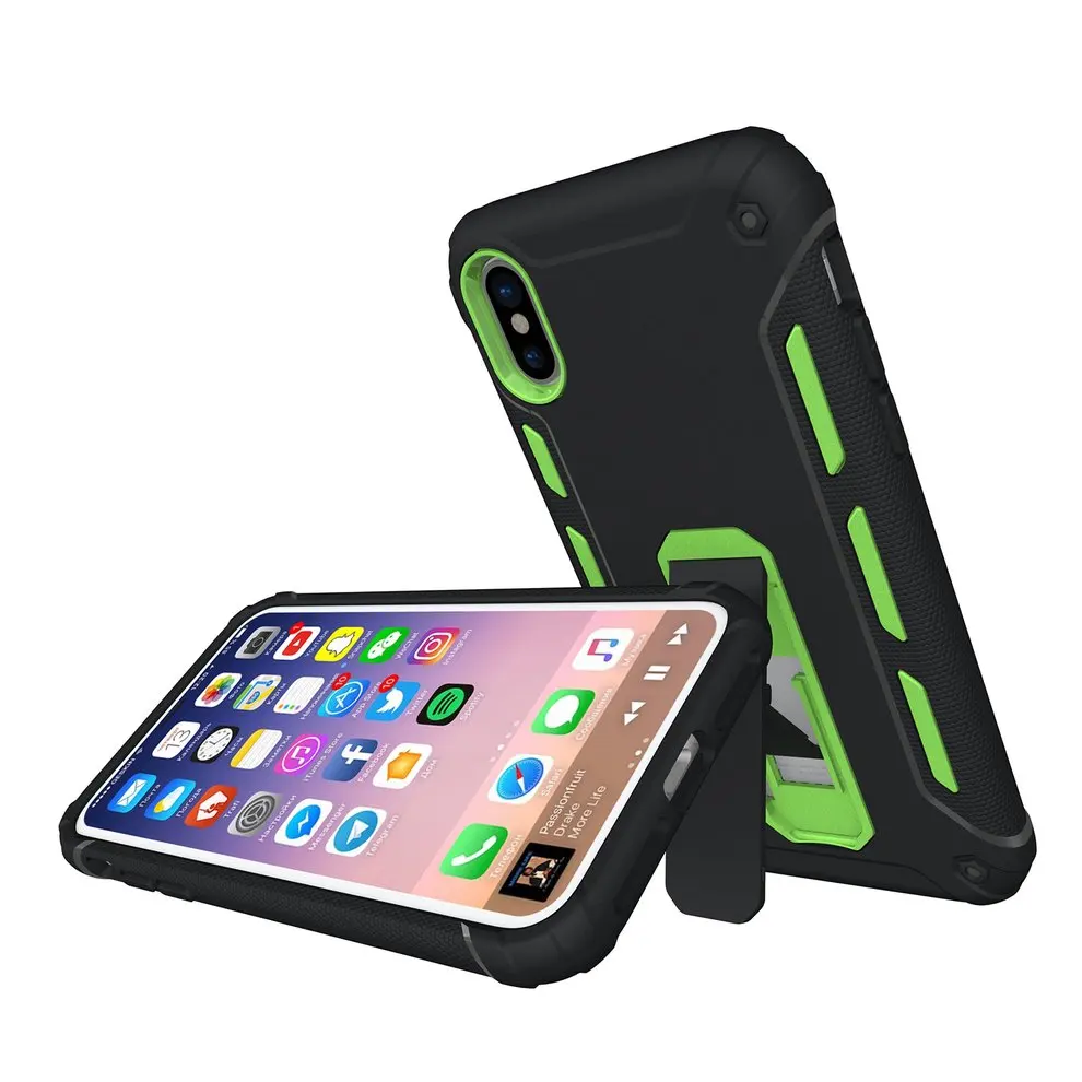 

2pcs Black and green Mobile Phone Protective Case Shockproof For iPhoneX With Support Stand Bracket