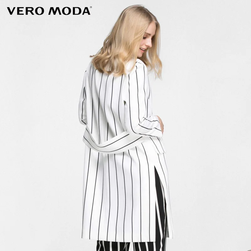 Vero Moda Brand 2018 NEW fashion double breasted striped three quarter sleeve long solid color women trench coat  |316108006