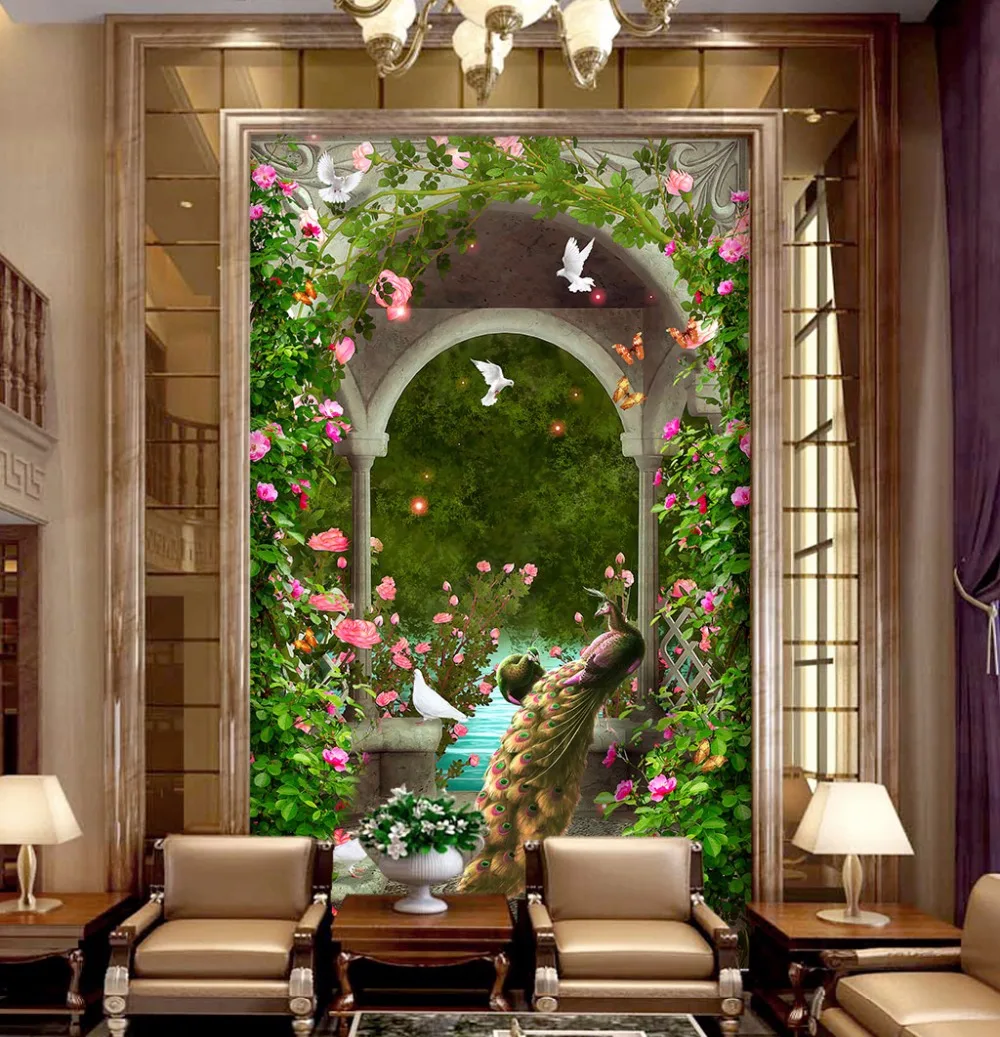 

Bacaz Arch Door PEACOCK Lanscape Flower Wallpaper Mural for Hallway Background 3d Flower Vine Mural Wall paper Stickers