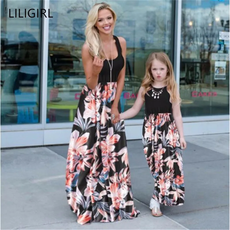 LILIGIRL-Vestido largo de flores para madre e ropa informal sin mangas de retales, ropa para mamá e hija _ - AliExpress Mobile