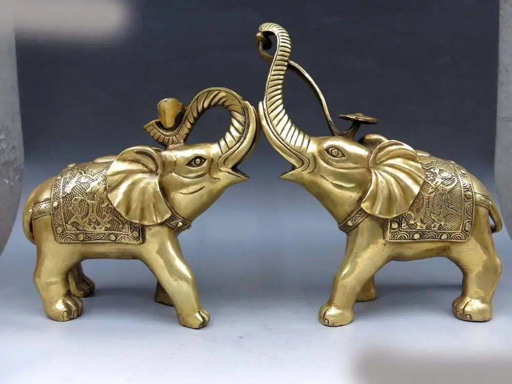 

10" Chinese Brass Copper Feng shui Animal Yuanbao wealth Elephants A Pair Statue (D0426)