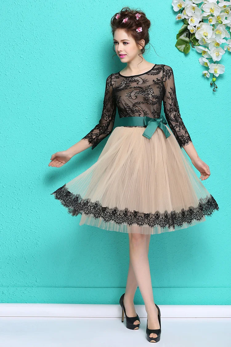 2015 new arrival women spring Elegant ribbon belt black lace dress 3/4