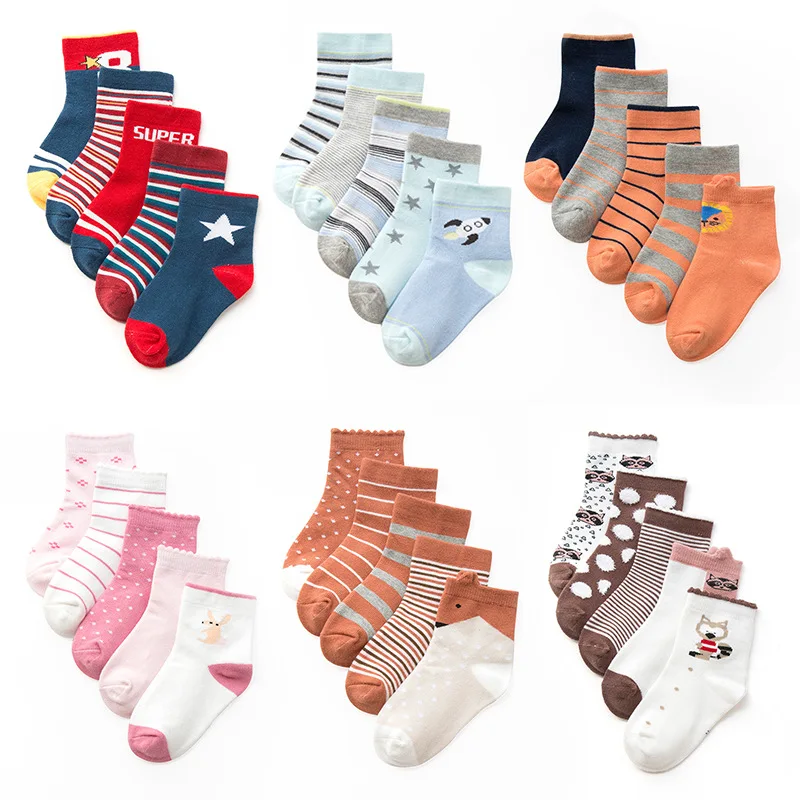 

0-12Y 5 Pairs Pack Wholesale newborn infant socks summer digital color matching High quality cotton cartoon baby socks 10 colors