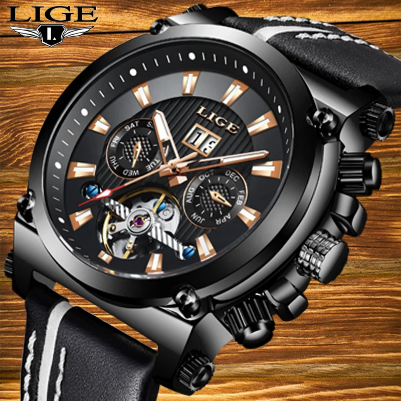 

LIGE Top Brand Men Watch Tourbillon Automatic Mechanical Military Sports Watch Stainless Steel Waterproof Leather Calendar Clock