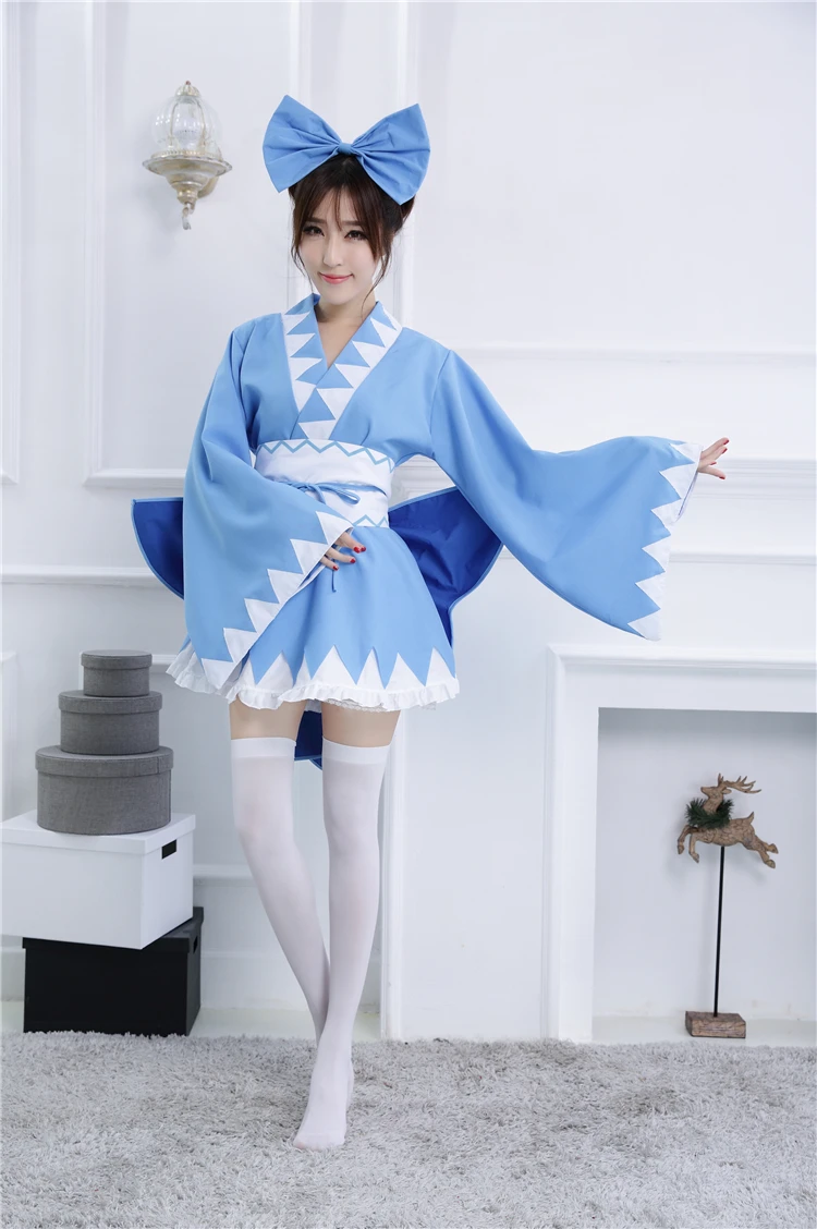 Touhou Project Cirno Кимоно костюмы косплей полный комплект синий халат (платье пояс