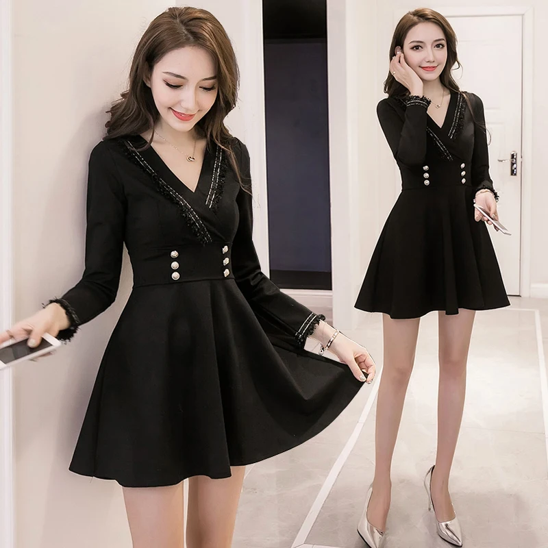 spring Black A line Elegant Bodycon Dress 2018 Women Long Sleeve Dress