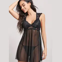 Сексуальное Эротическое Тедди святить пижамы Для женщин кружева сетки ночное платье Черные стринги белье дамы глубокий ночная рубашка с