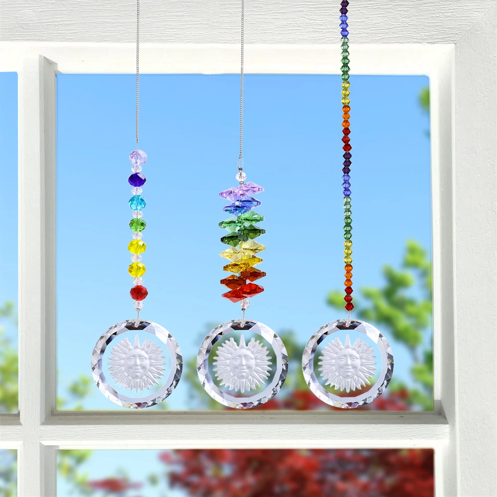 H&D 3pcs/set Chakra Suncatcher With Sunflower Pendant Rainbow Hanging Crystal Sun Catcher For Window Home Garden Decoration Gift