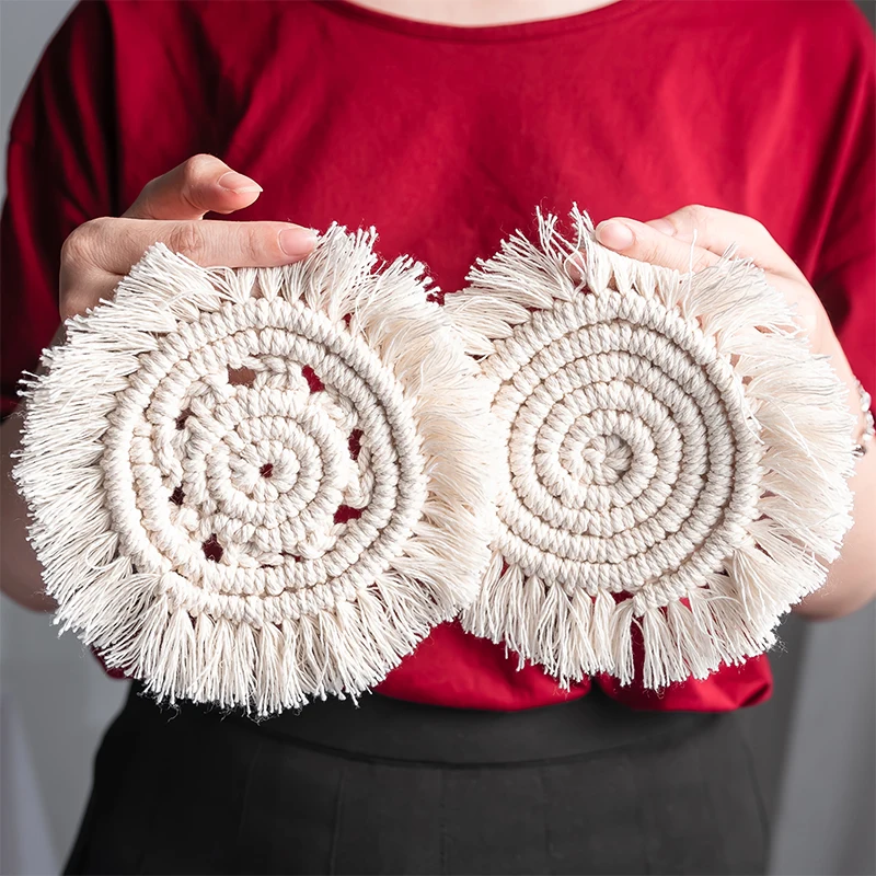 

Macrame Coaster Boho Decor Handmade Placemat for Dining Table Cotton Woven Bedside Kitchen Decoration Accessories Table Mat