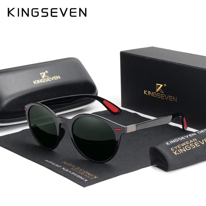 KINGSEVEN, дизайнерские мужские очки, круглые, поляризационные, солнцезащитные очки для мужчин и женщин, TR90, Ретро стиль, унисекс, очки Oculos De Sol - Цвет линз: black green