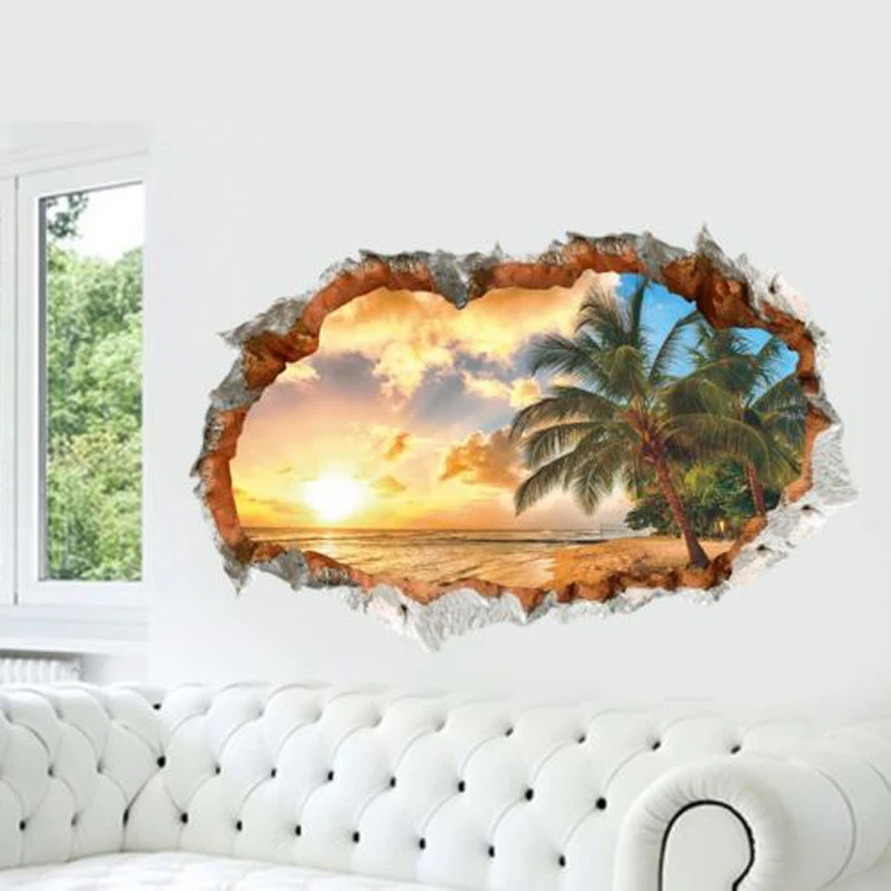 JX-LCLYL Removable Sunshine Beach 3D Window View Wall Art Sticker Vinyl Decal Mural Decor